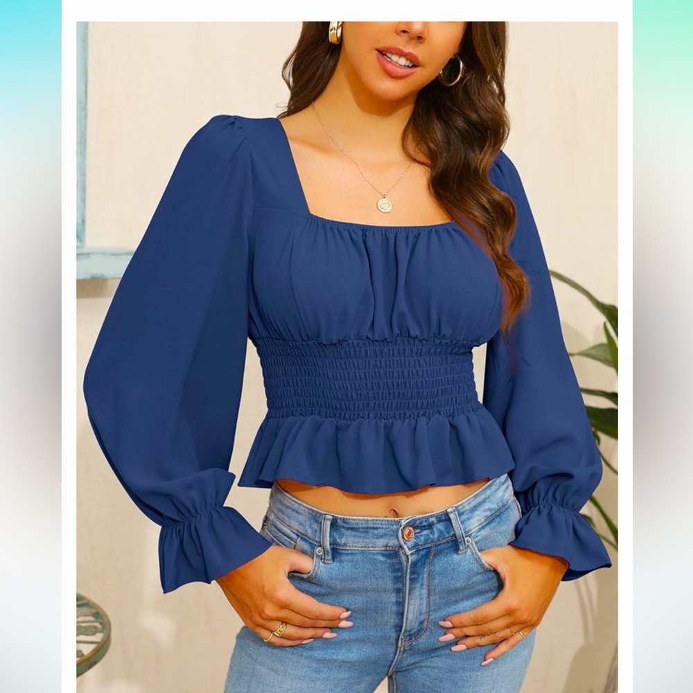 Women's Cute Square Neck Tops Puff Long Sleeve Ruffle Smocked Tie Back Blouse
